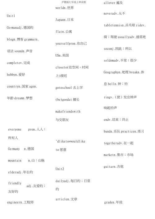 初一上册上海牛津英语通用版单词表